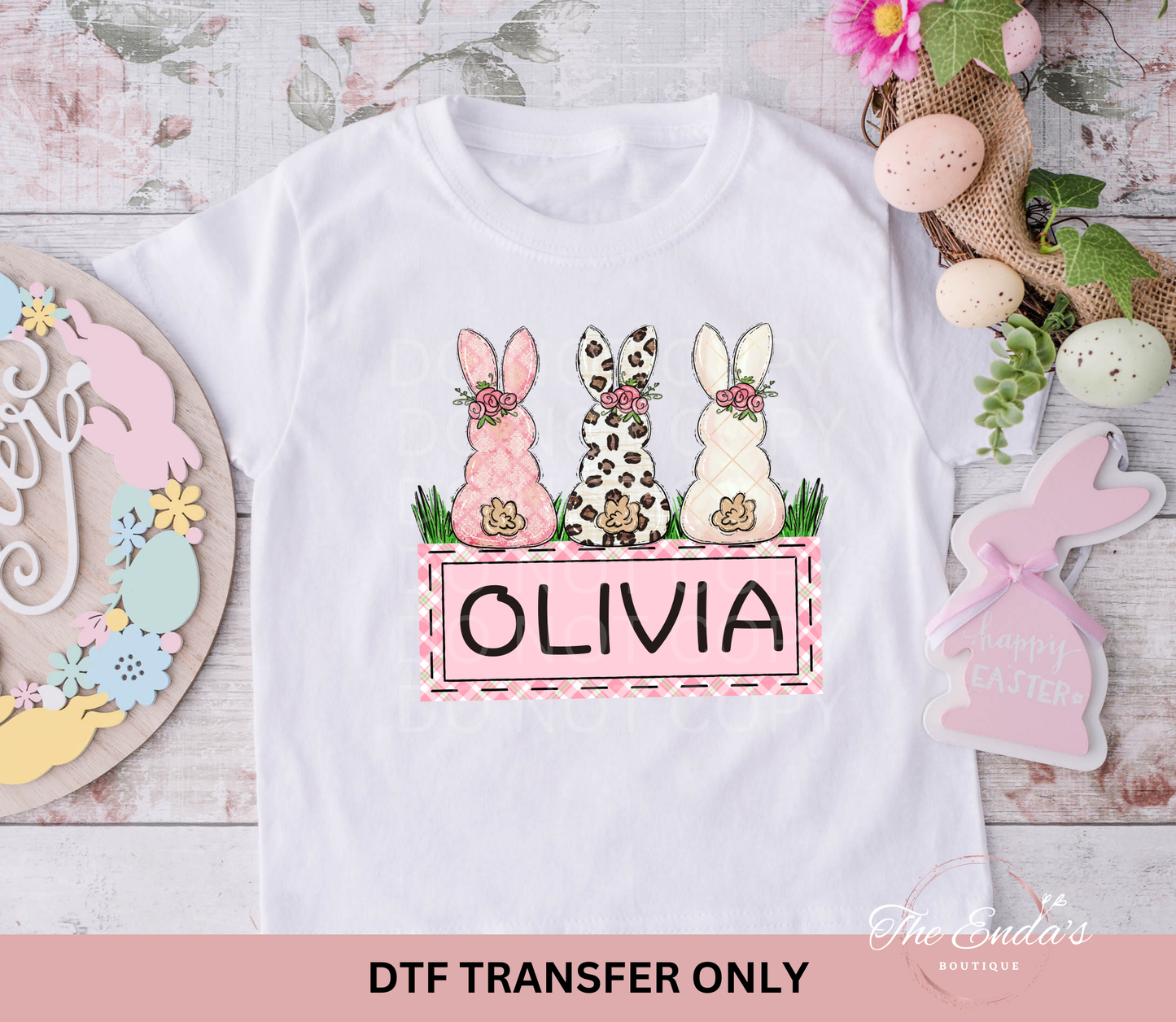 Personalized Pink Bunny Trio DTF Transfer