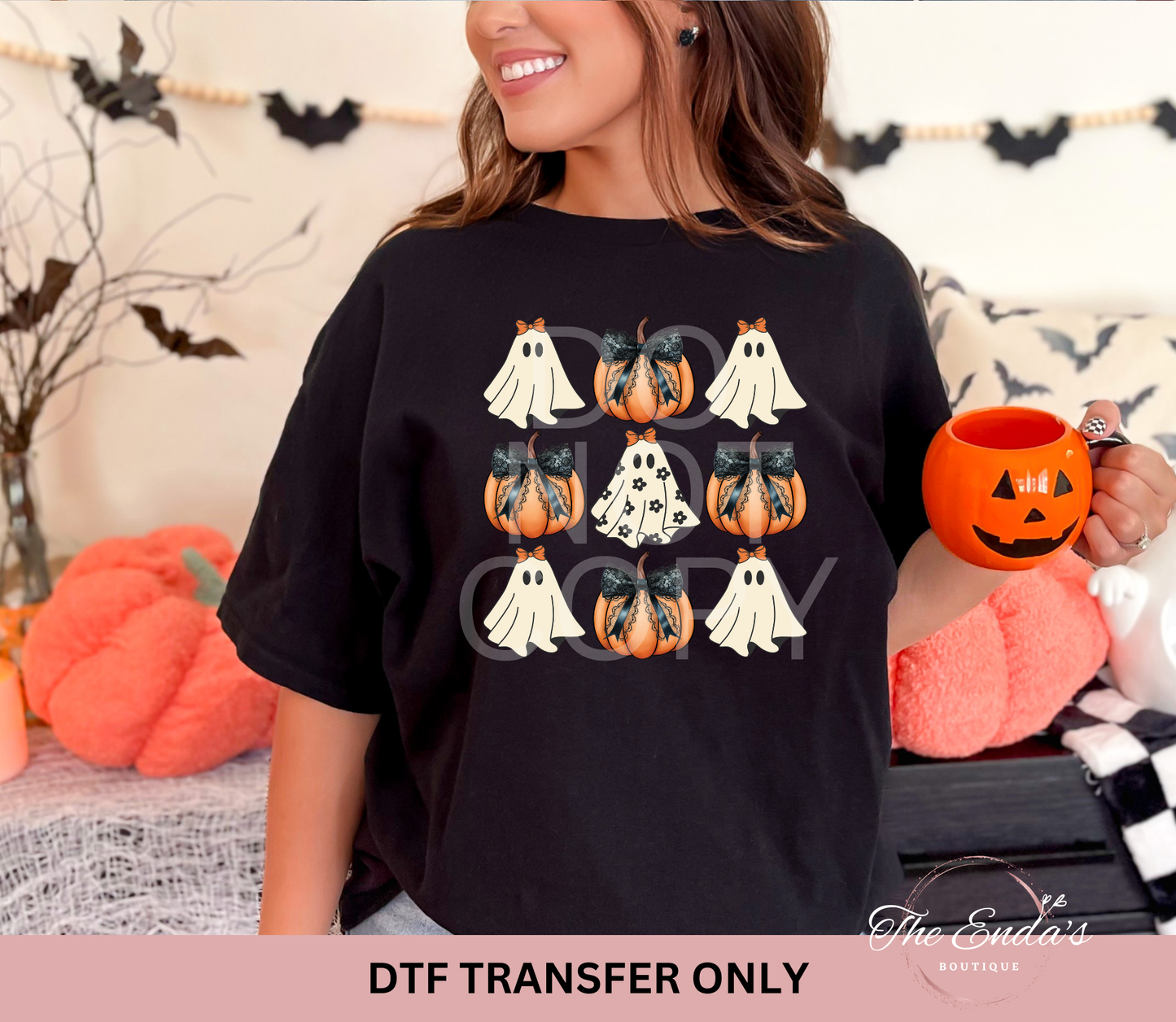 Ghost Pumpkin Black Bow DTF Transfer