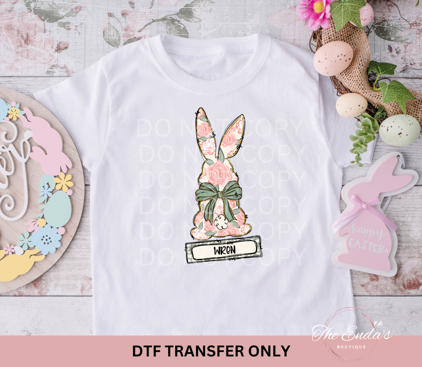 Personalized Pink Floral Bunny DTF Transfer