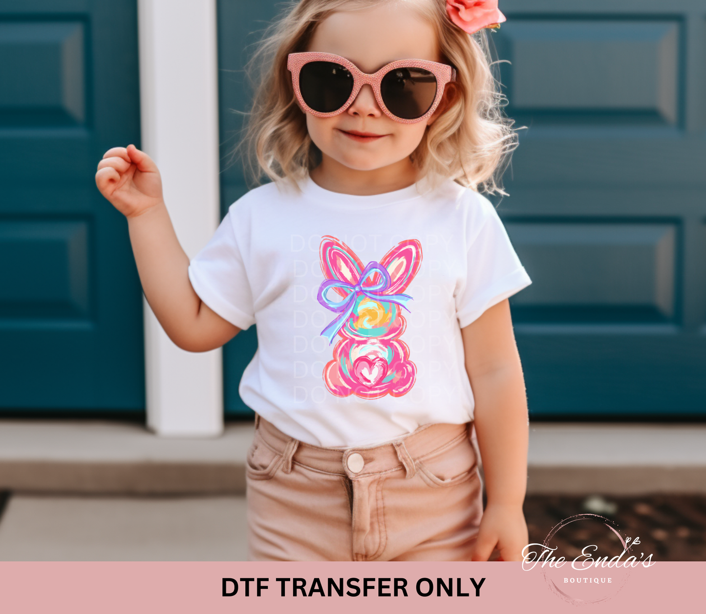 Brushstoke Pink Bunny Purple Bow DTF Transfer
