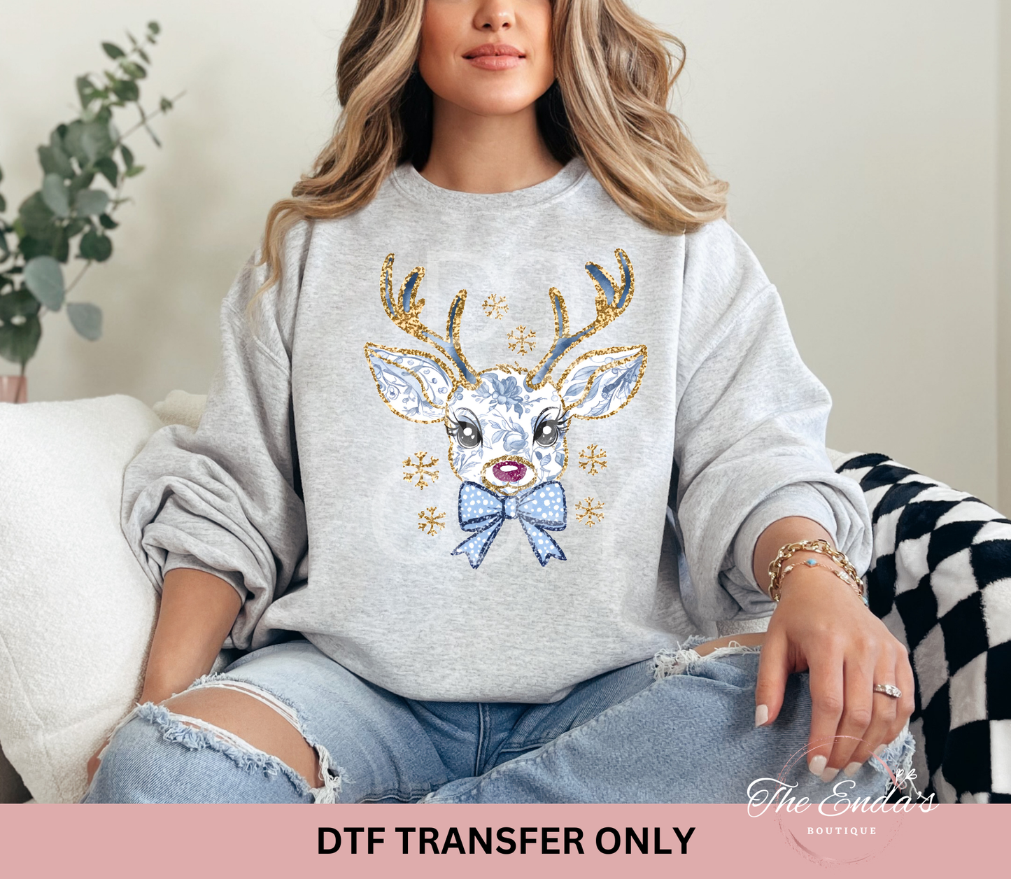 Blue Glitter Reindeer DTF Transfer