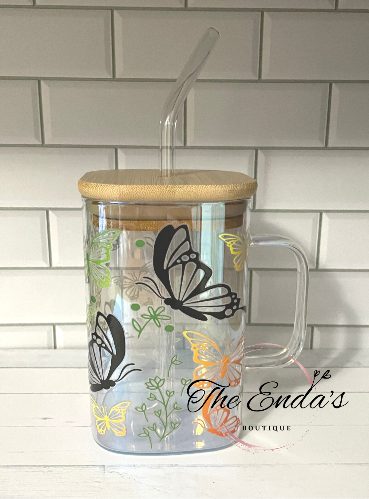 Spring Butterflies Iridescent Square Shaped Glass Cup