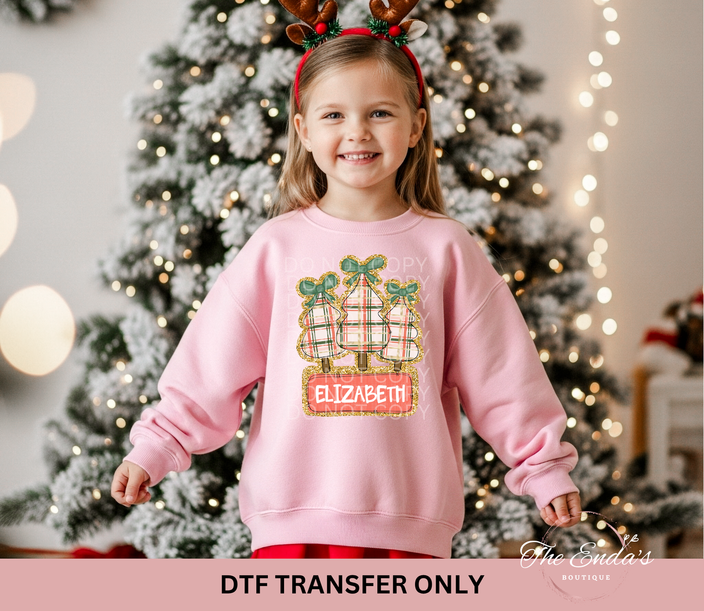 Personalized Preppy Faux Glitter Checkered Trees Coquette DTF Transfer