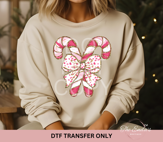 Glitter Candy Cane Bow DTF Transfer