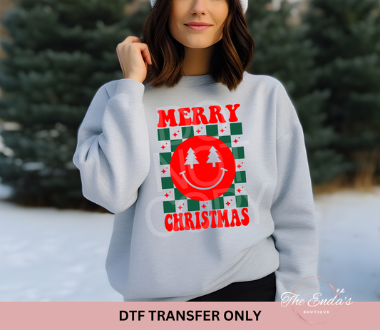 Checkered Smiley Merry Christmas DTF Transfer