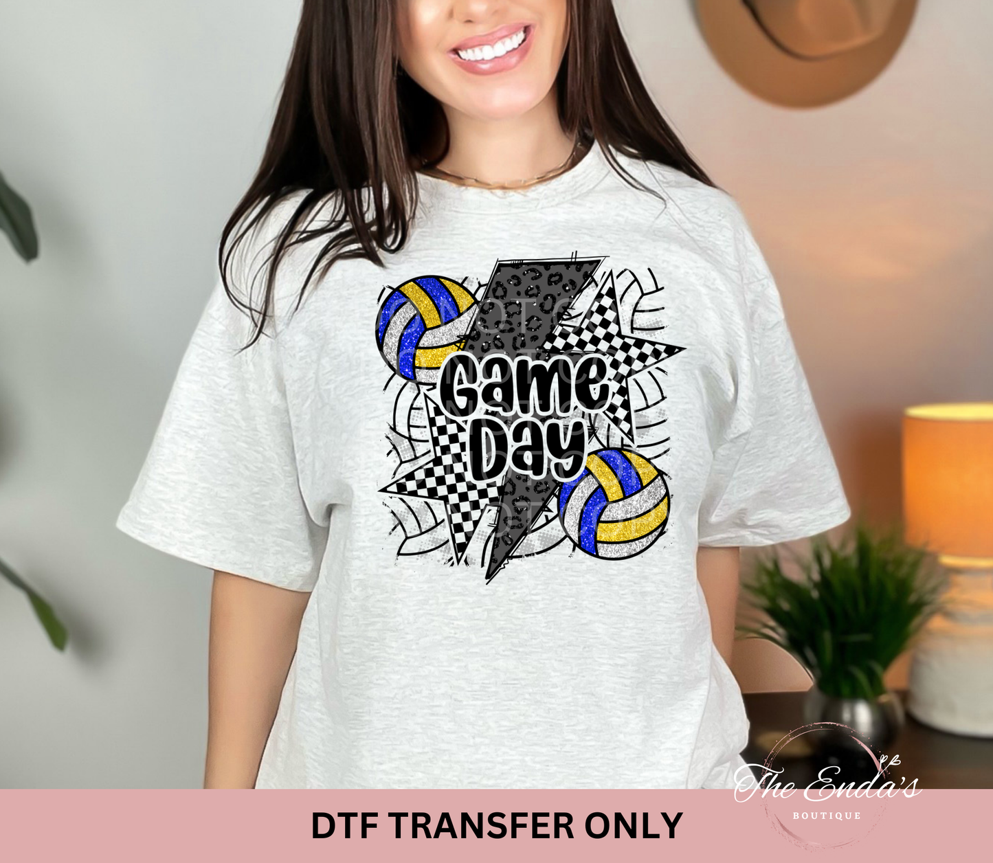 Faux Sequin Volleyball Game Day Blue/Yellow DTF Transfer