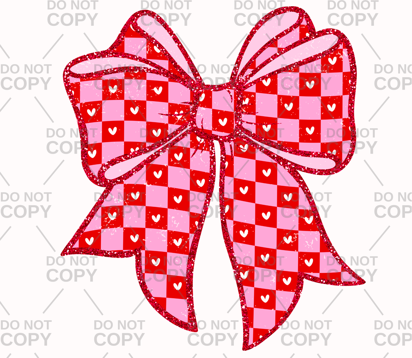 Faux Glitter Red and Pink Checkered Heart Bow DTF Transfer