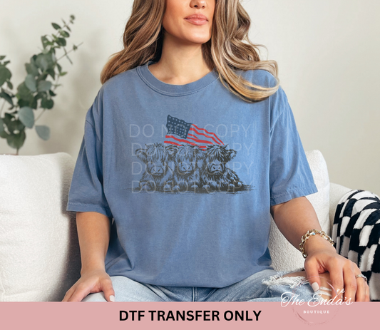 American Flag Western Highland Cows DTF Transfer