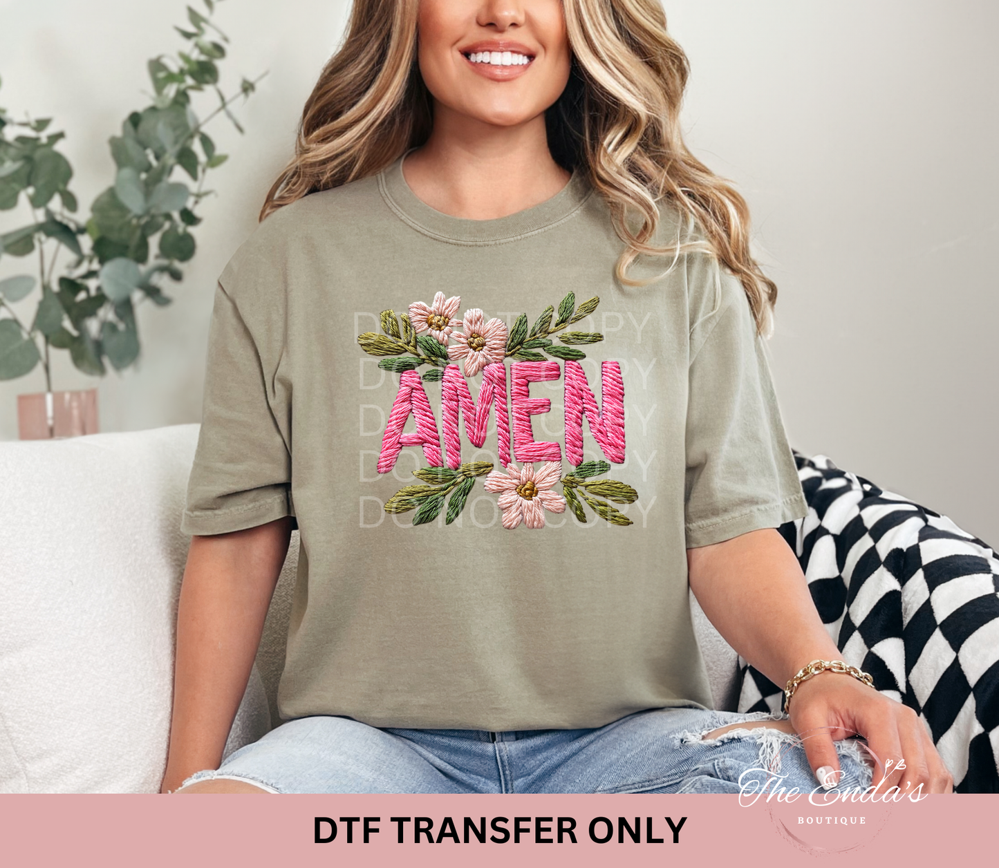 Faux Embroidery Floral Amen DTF Transfer