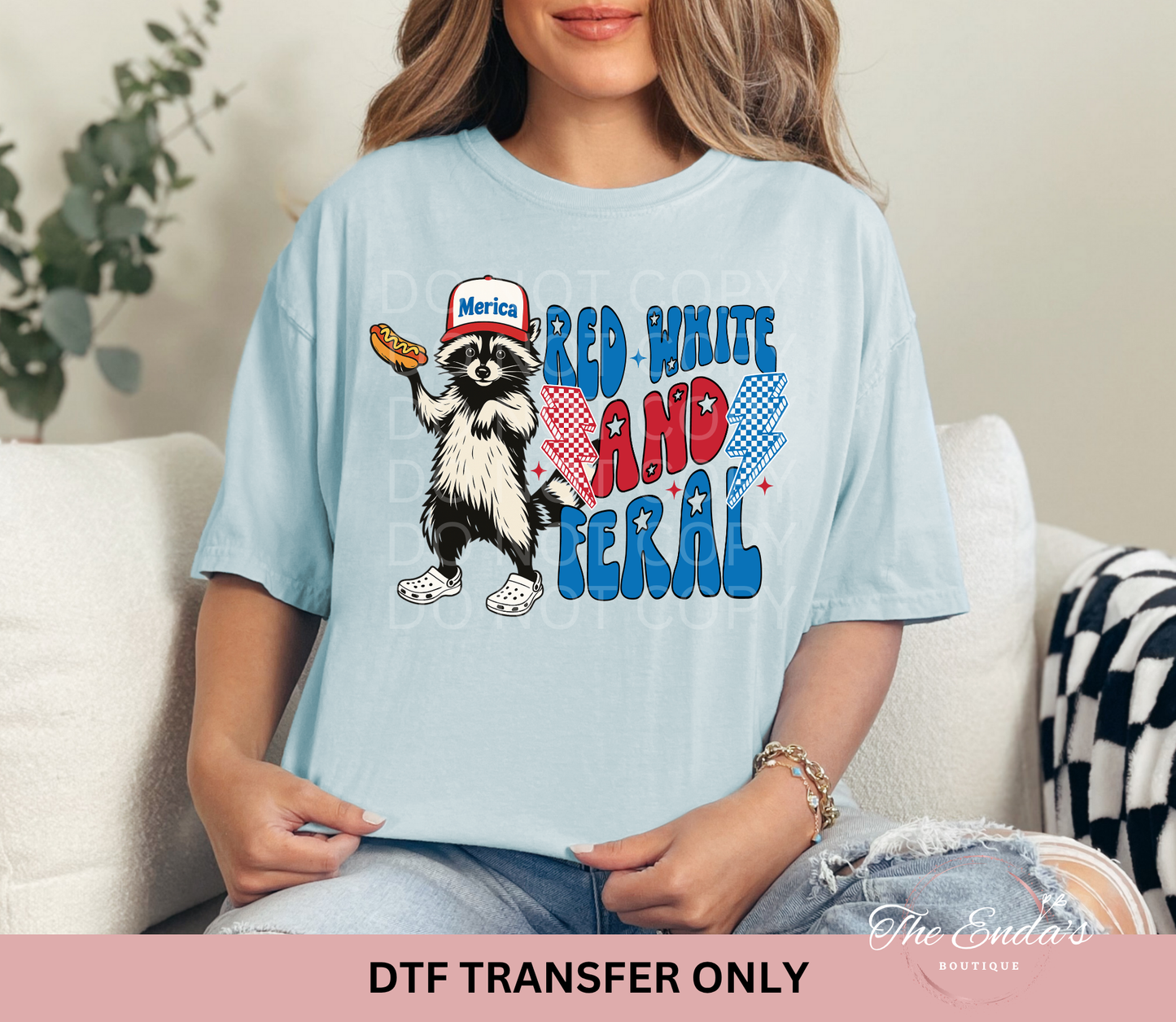 Red White And Feral Raccoon Hotdog DTF Transfer