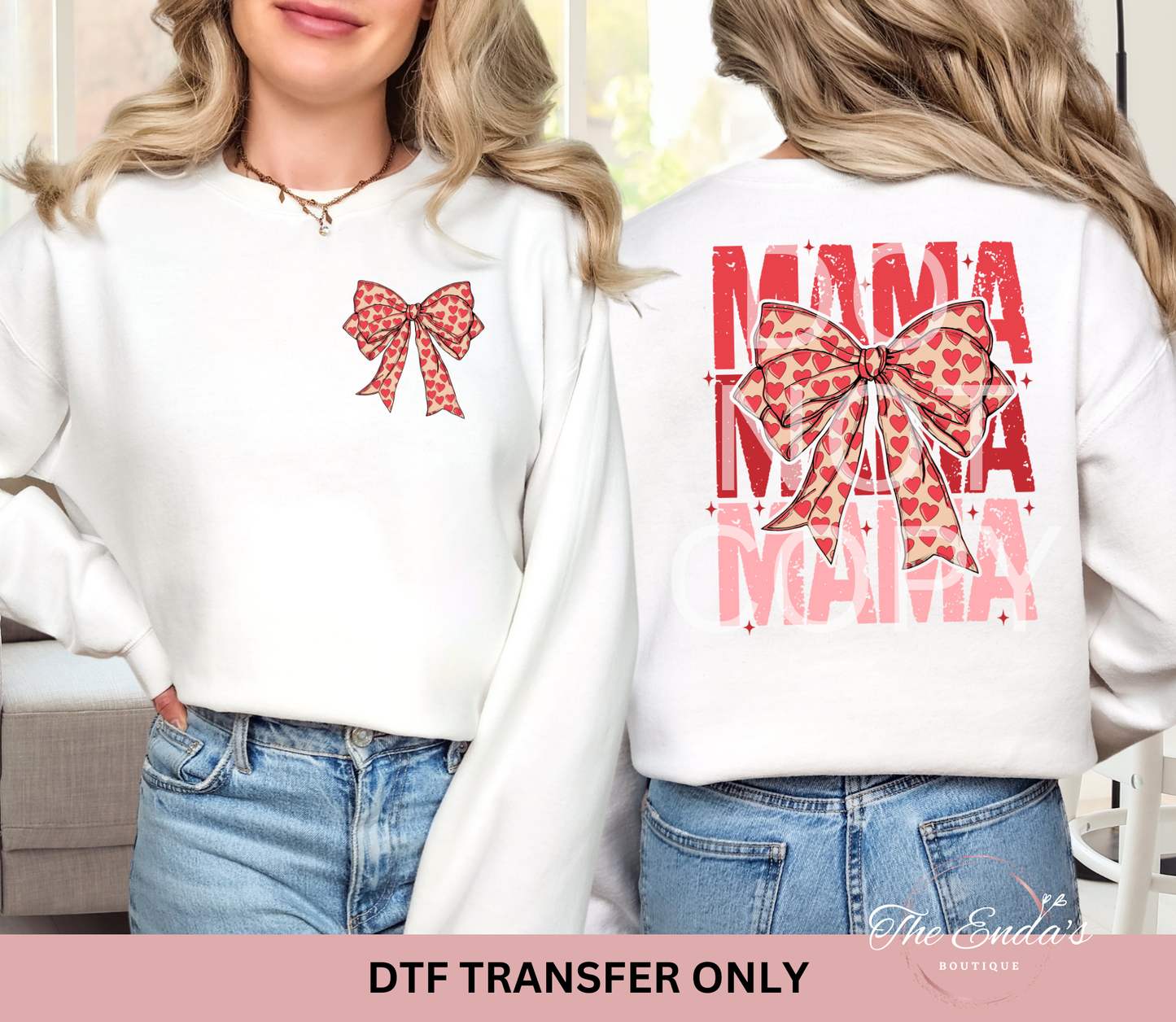 Retro Mama Valentine Coquette Heart Bow (FRONT/BACK SET) DTF Transfer