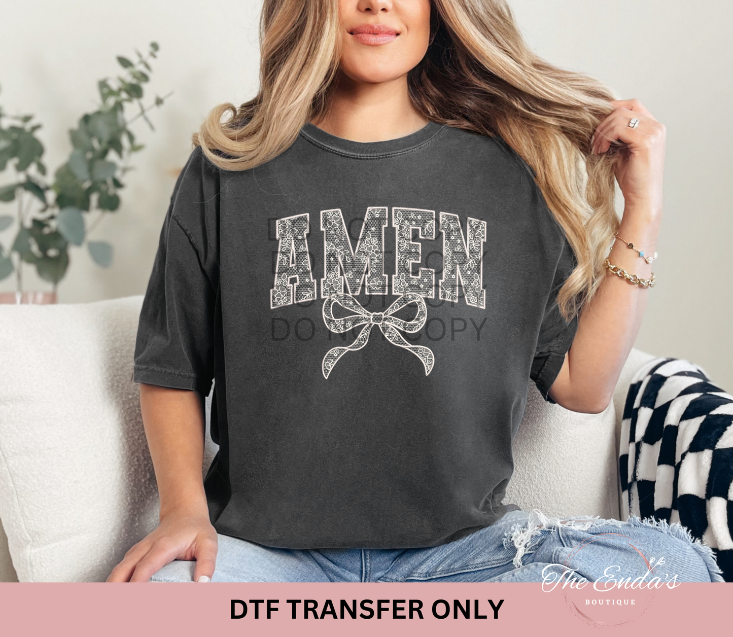 Amen Coquette Faux Embroidery White Lace DTF Transfer
