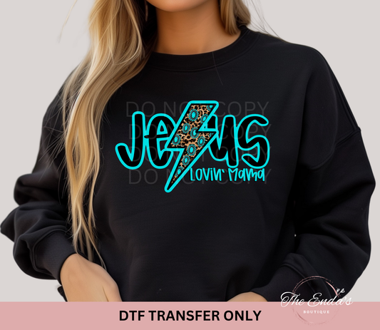 Jesus Lovin' Mama Leopard & Turquoise Lightning Bolt DTF Transfer