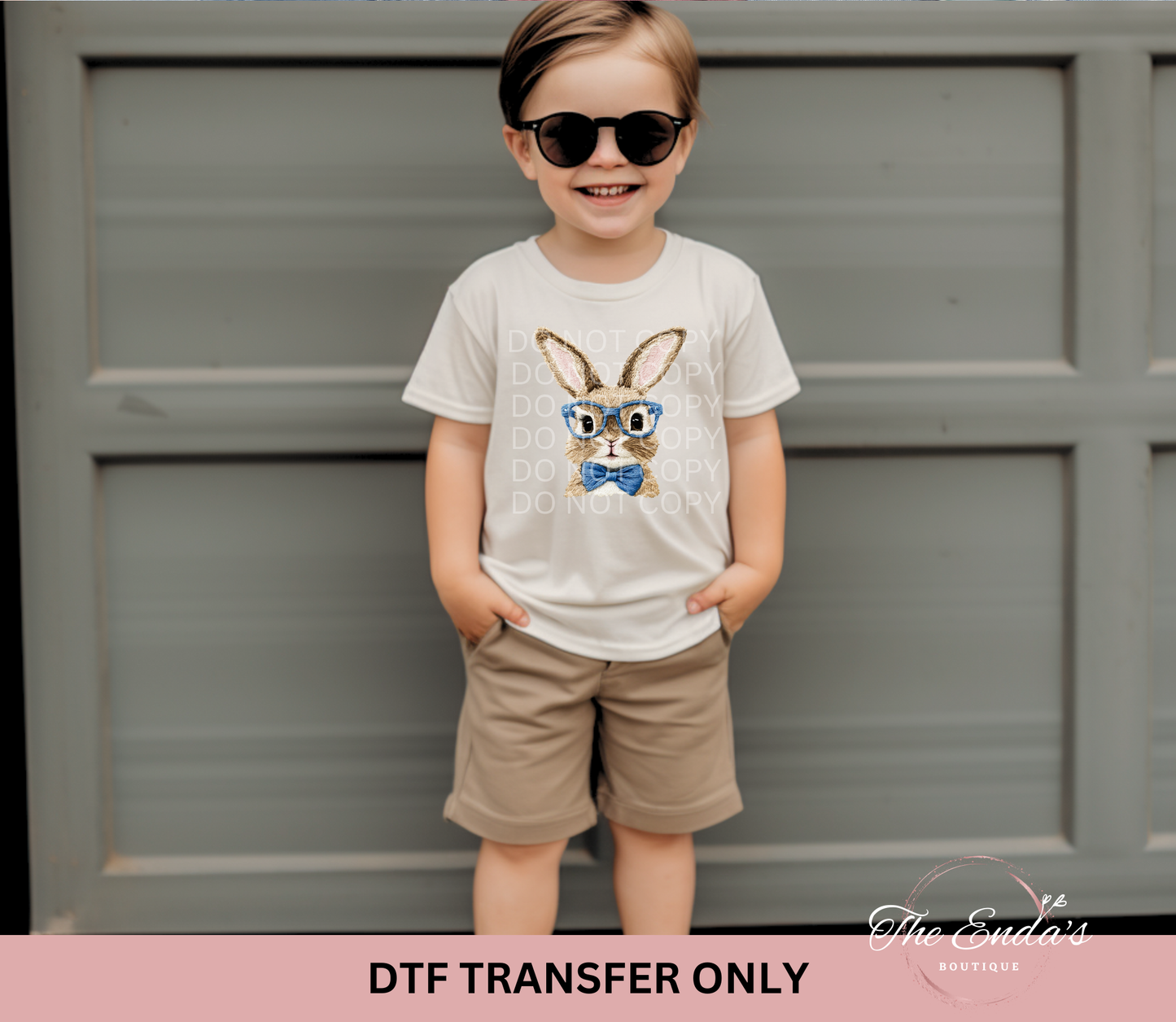 Blue Faux Embroidery Bunny with Glasses DTF Transfer