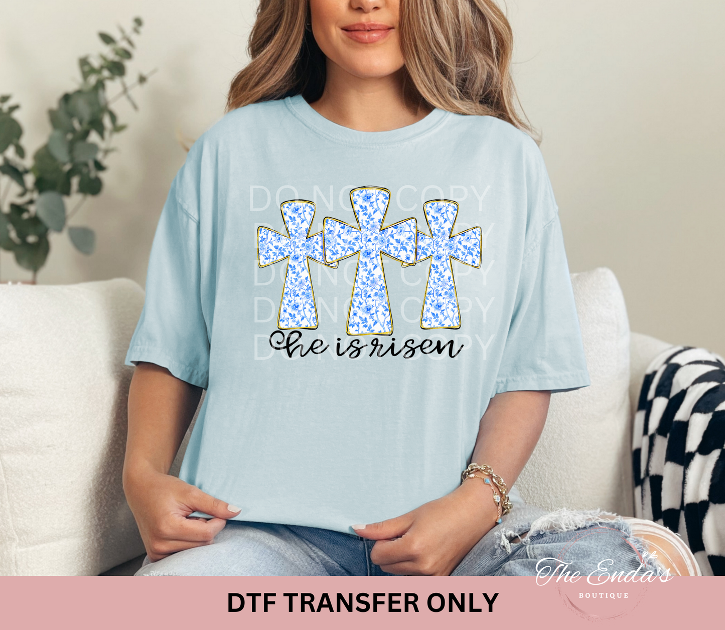 Blue Toile He Is Risen Trio Crosses DTF Transfer