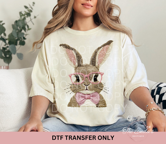 Pink Faux Embroidery Bunny with Glasses DTF Transfer