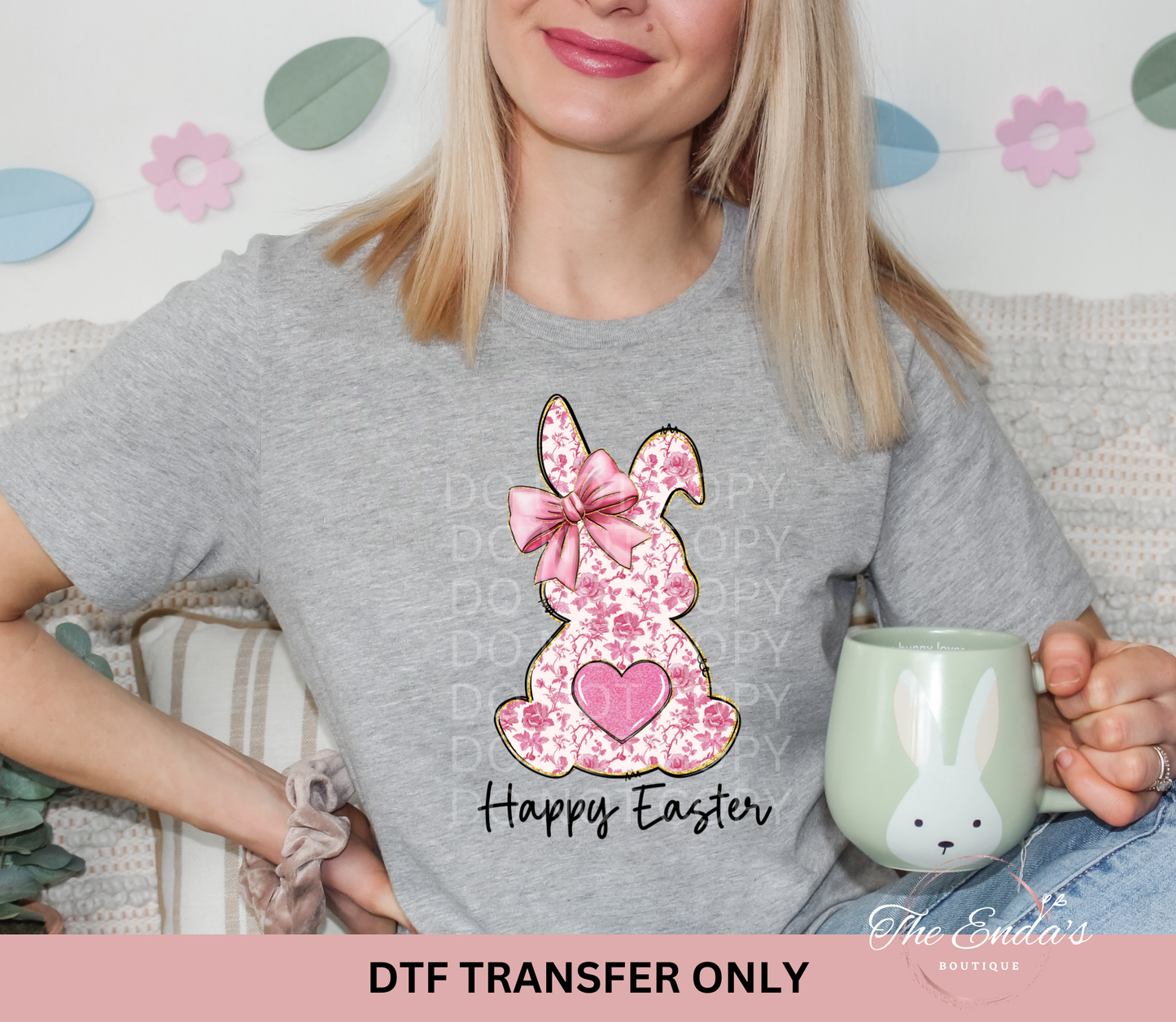 Pink Floral Happy Easter Bunny DTF Transfer
