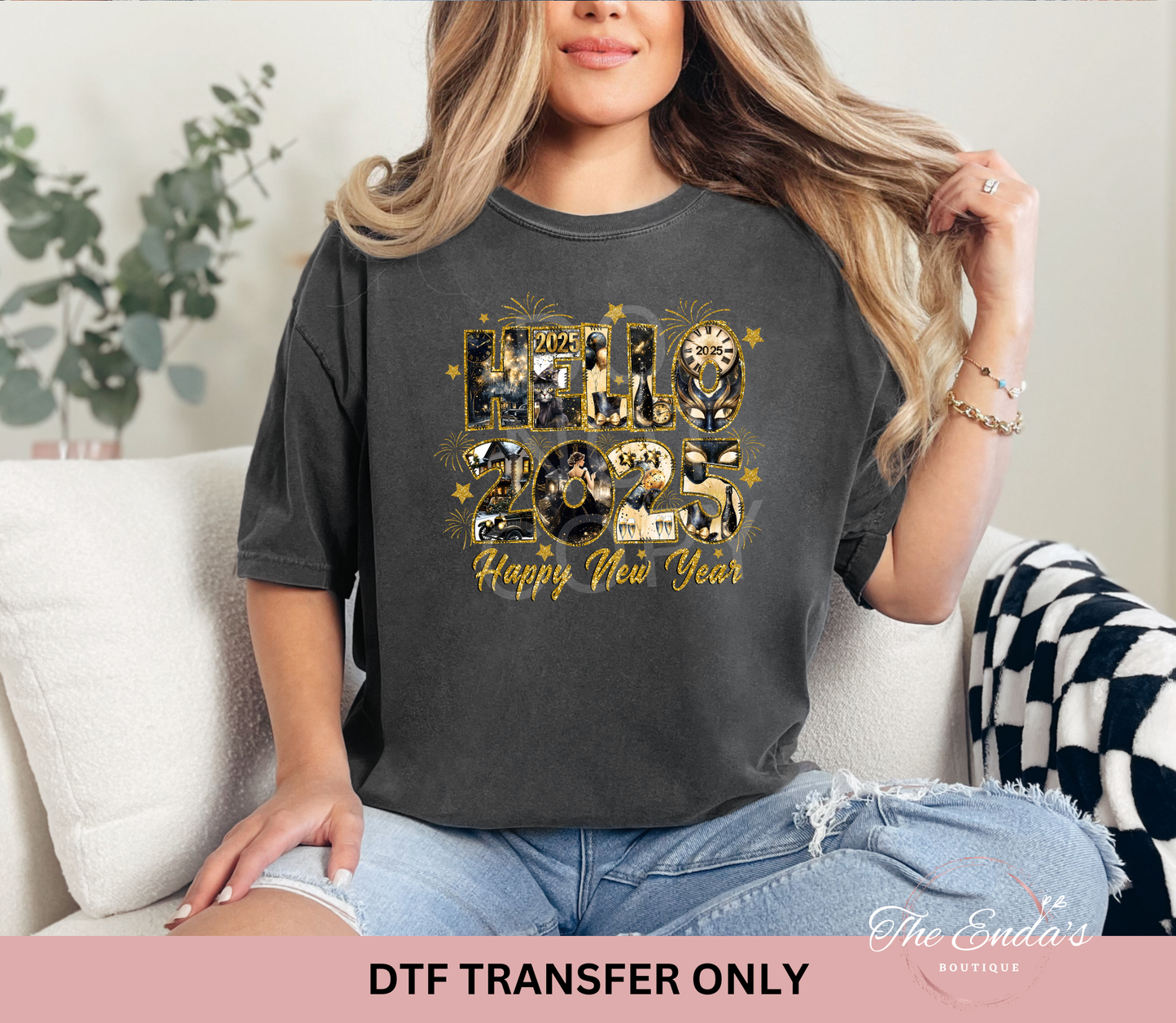 Hello 2025 Happy New Year Faux Gold Glitter DTF Transfer