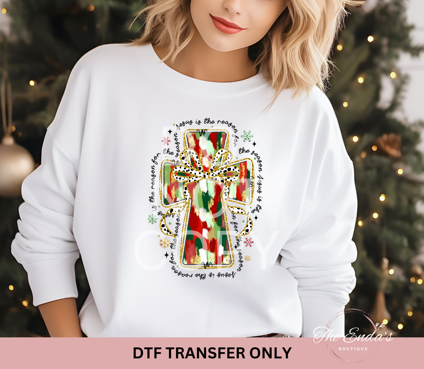 Jesus Is The Reason Brushstroke Tree With Dotted Bow (Christmas Colors) DTF Transfer