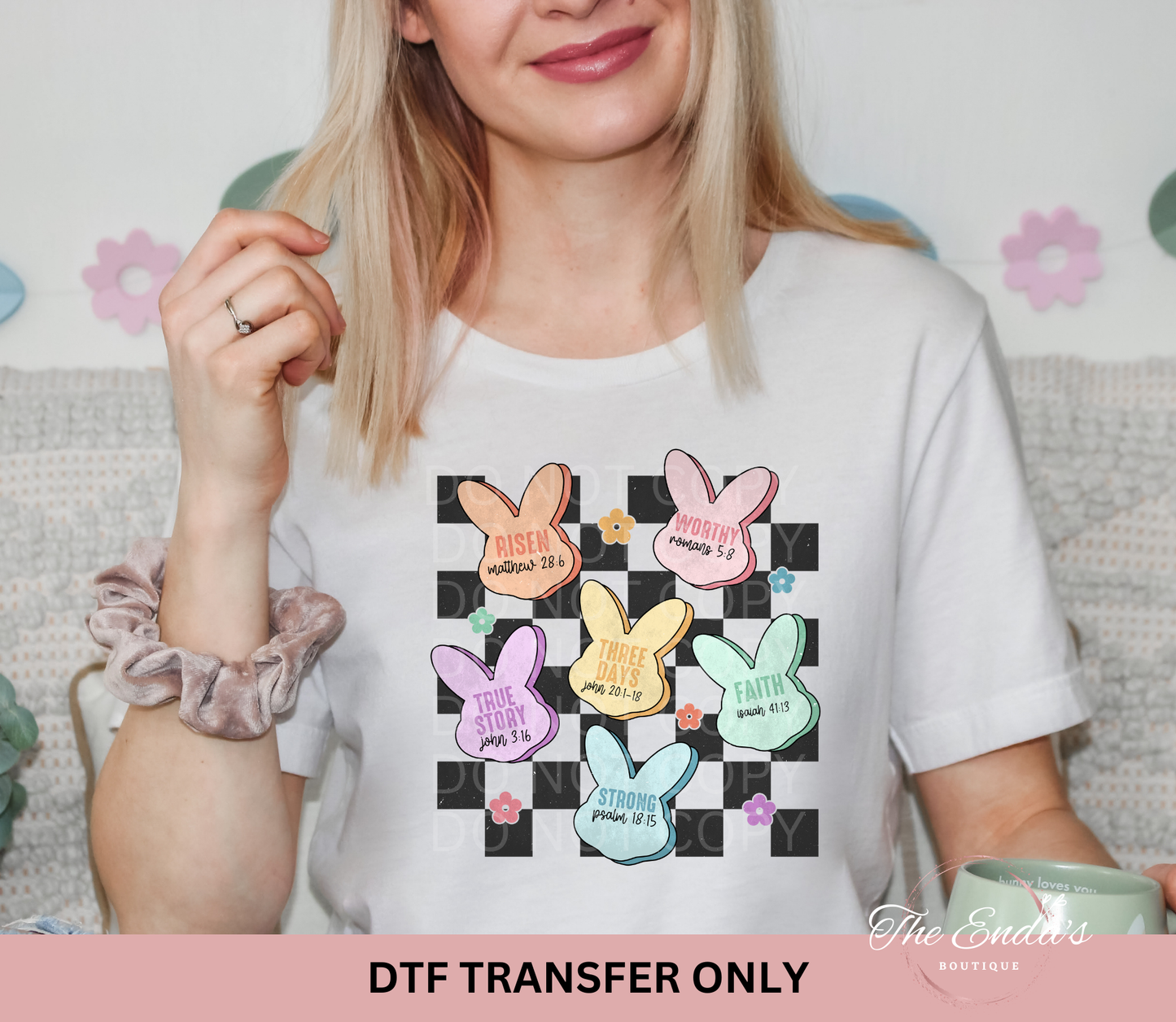 Checkered Easter Bunnies Risen Worth Faith DTF Transfer