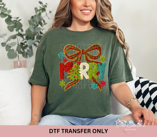 Faux Yarn Traditional Christmas Merry Bow DTF Transfer