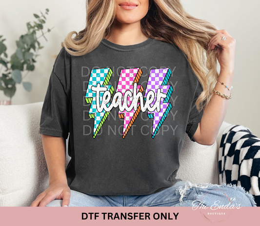 Teacher Checkered Lightning Bolts DTF Transfer