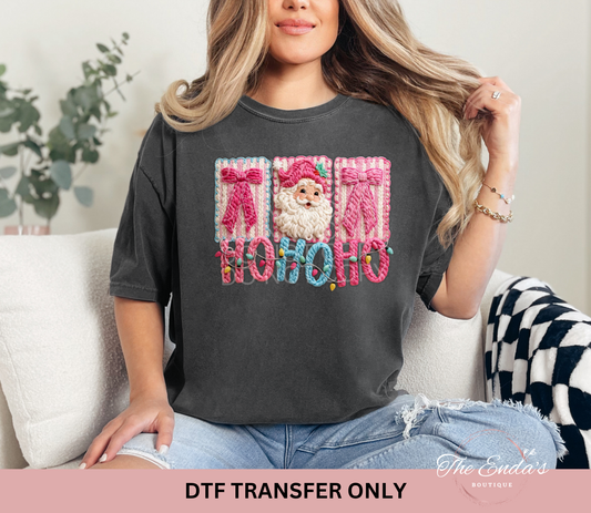 Faux Yarn Pink Ho Ho Ho Lights Santa DTF Transfer