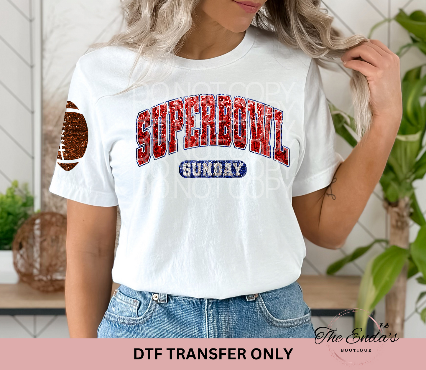 Superbowl Sunday With Football Faux Sequin DTF Transfer