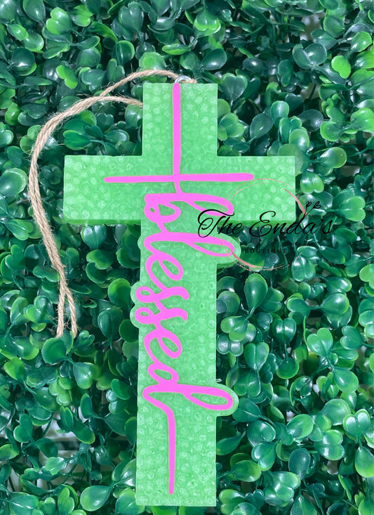 Lime Green Blessed Cross Air Freshener (Freshie)