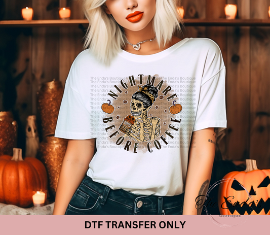 Round Nightmare Before Coffee DTF Transfer