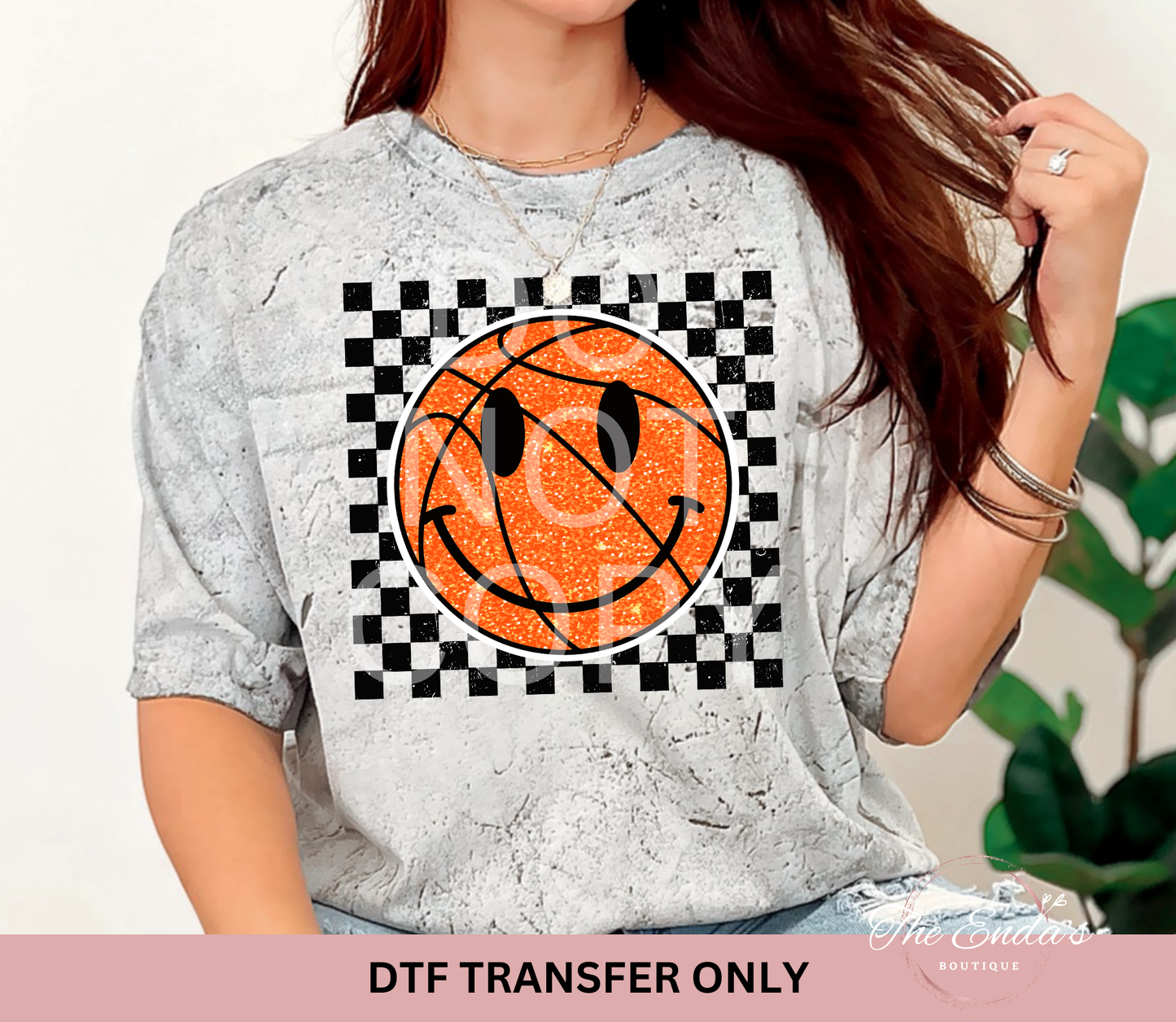 Checkered Smiley Basketball Faux Sequin DTF Transfer