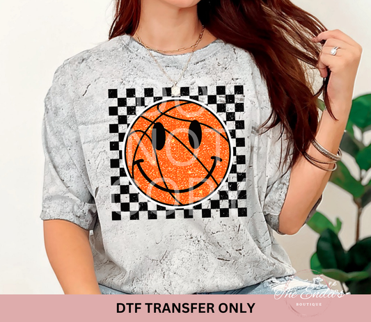 Checkered Smiley Basketball Faux Sequin DTF Transfer