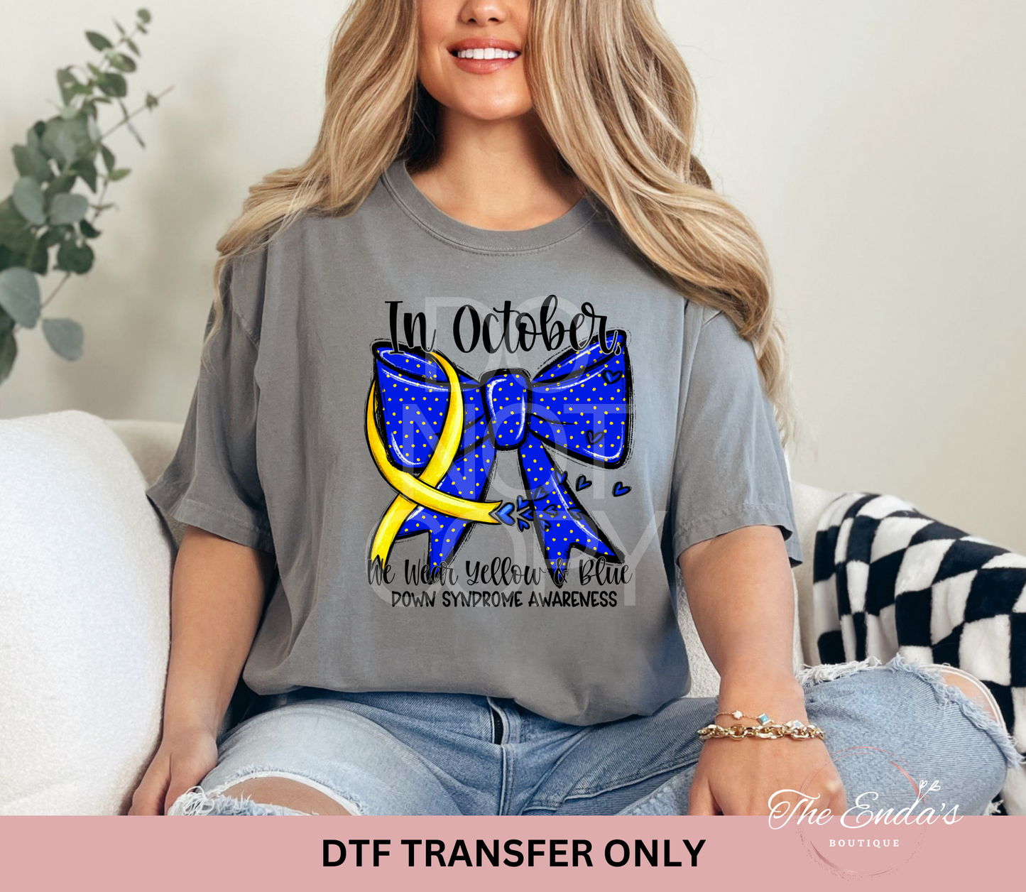 In October We Wear Yellow & Blue Down Syndrome Awareness Bow DTF Transfer