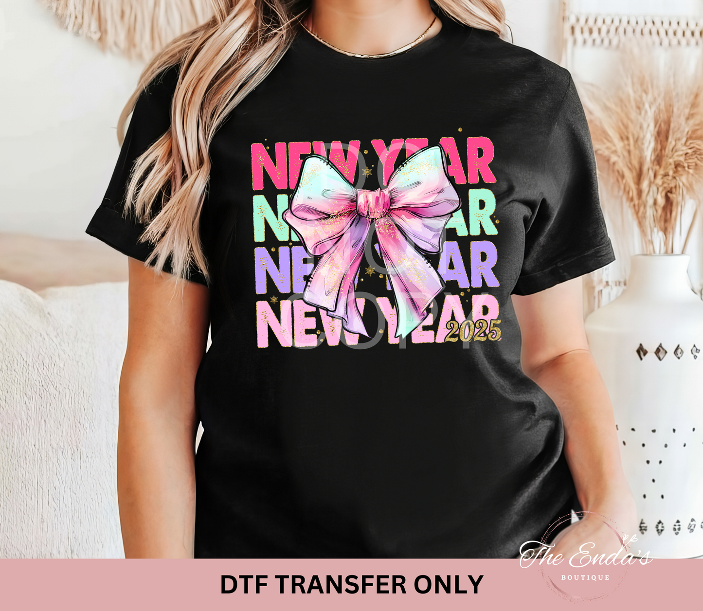 Stacked New Year 2025 Faux Glitter Bow DTF Transfer