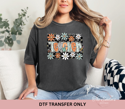 Teacher Checkered Boho Floral DTF Transfer