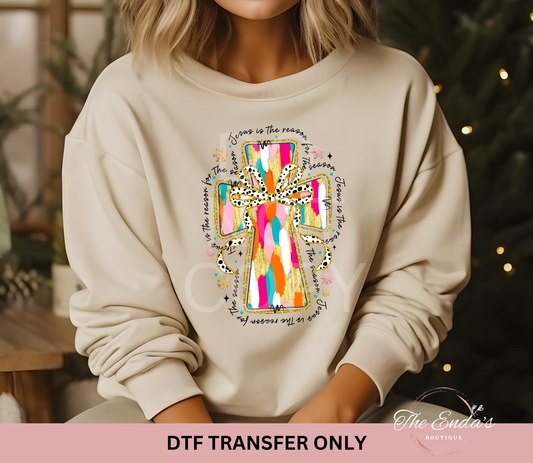 Jesus Is The Reason Brushstroke Tree With Dotted Bow (Bright Colors) DTF Transfer