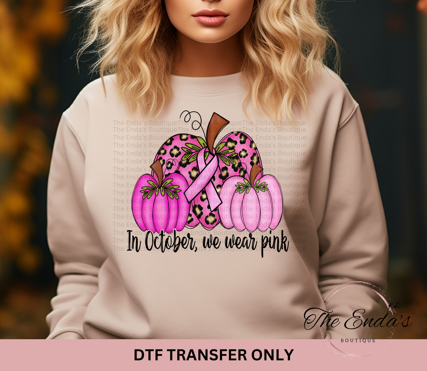 In October We Wear Pink Three Pumpkins DTF Transfers