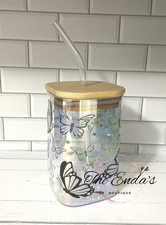 Spring Butterflies Iridescent Square Shaped Glass Cup