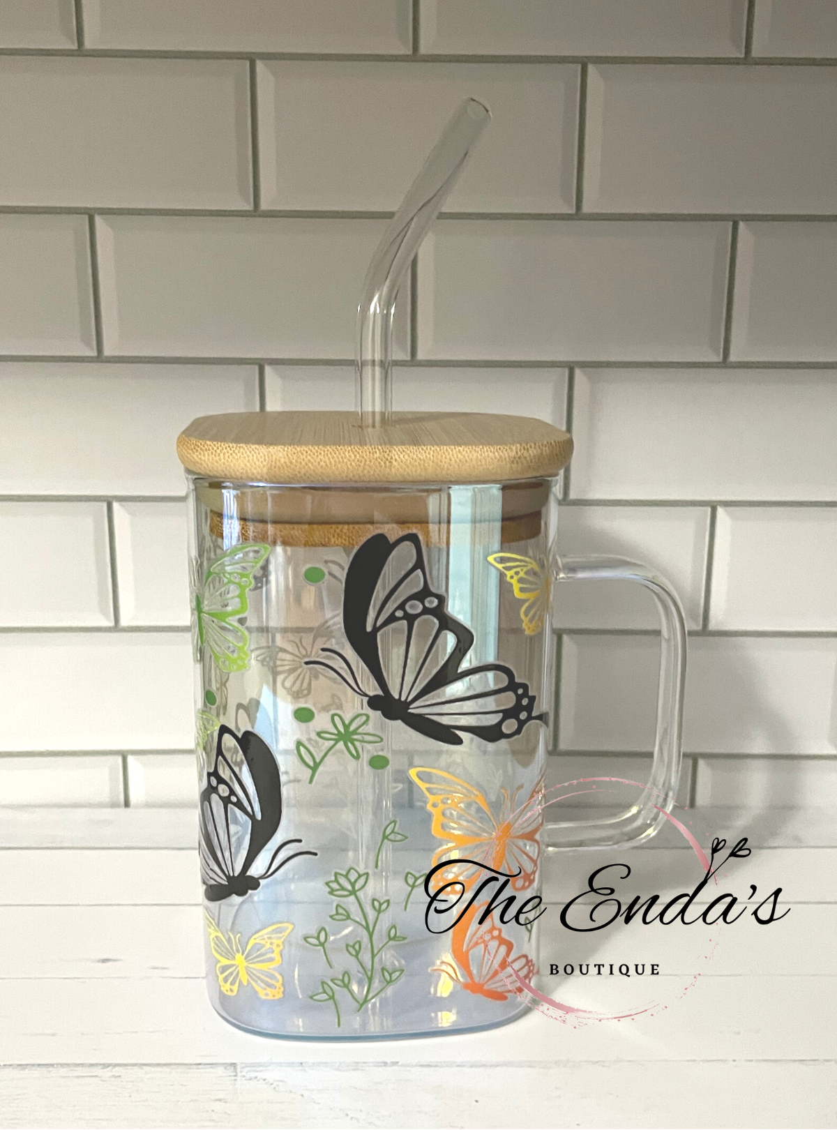 Spring Butterflies Iridescent Square Shaped Glass Cup