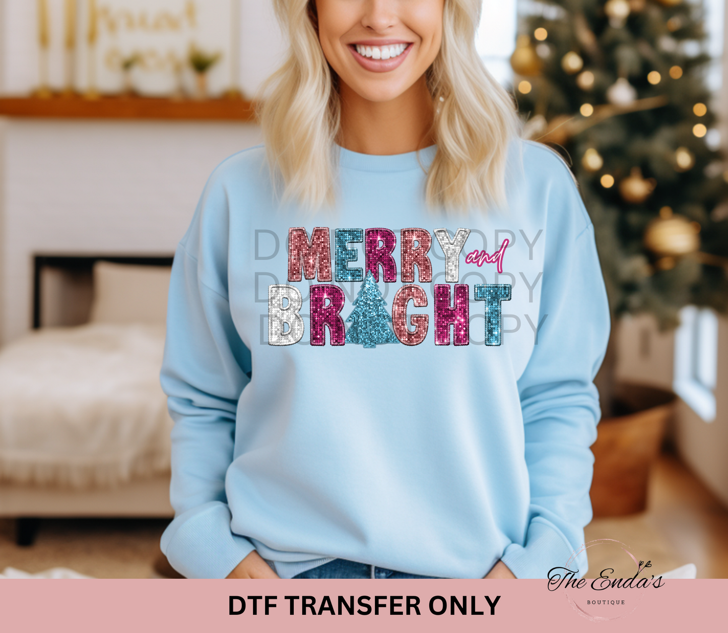 Merry & Bright Faux Sequin Embroidery DTF Transfer
