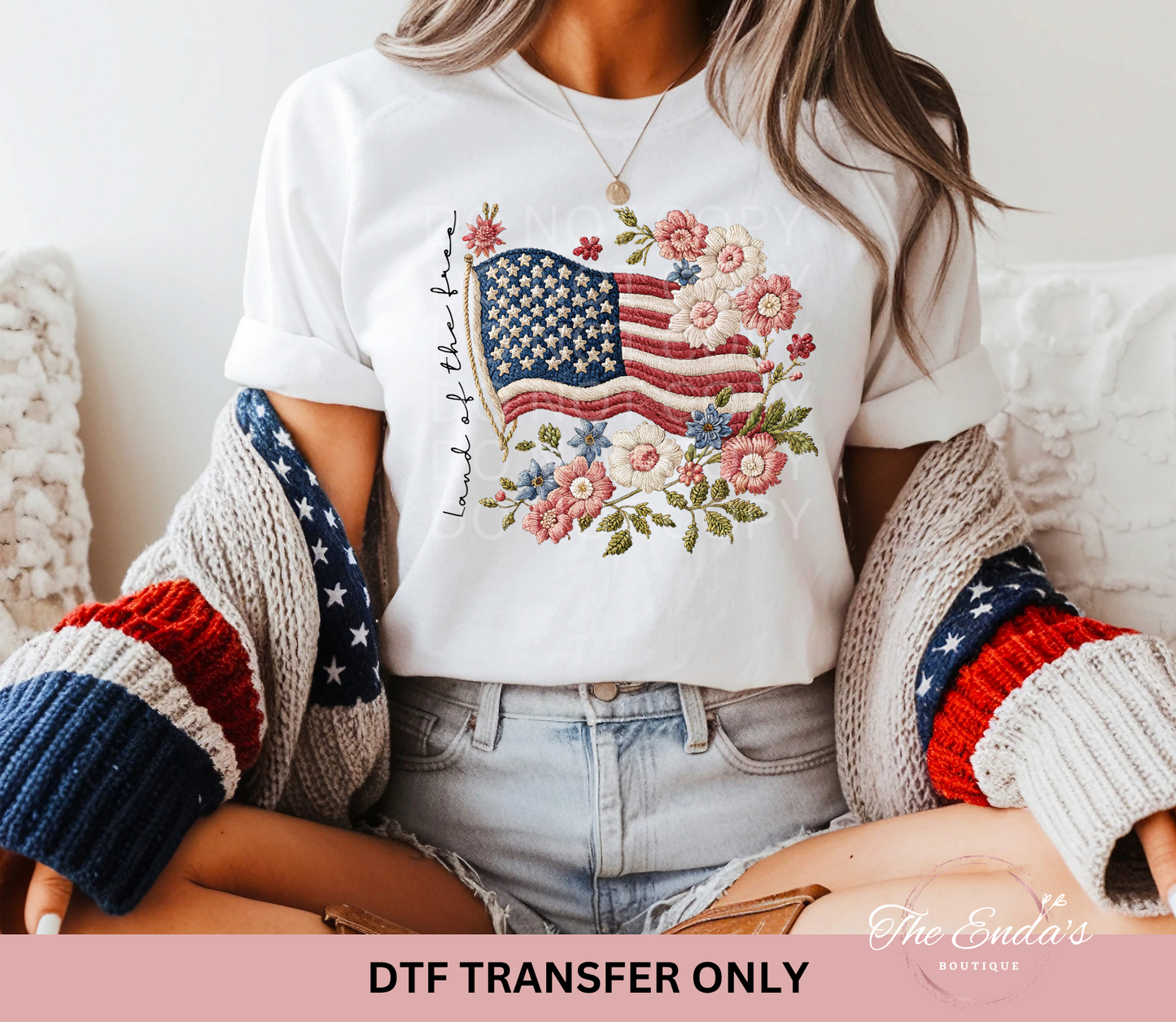 Land Of The Free Floral Flag Faux Embroidery DTF Transfer