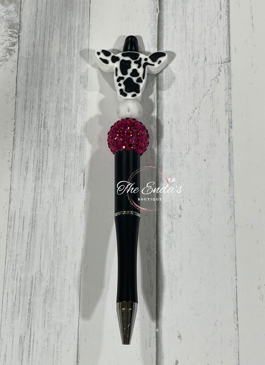 Black Cow Pink Rhinestone Beaded Pen