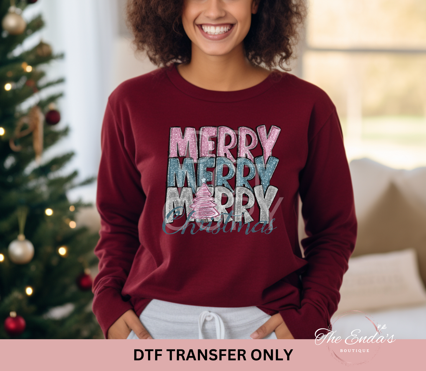 Merry Merry Merry Christmas Faux Glitter DTF Transfer