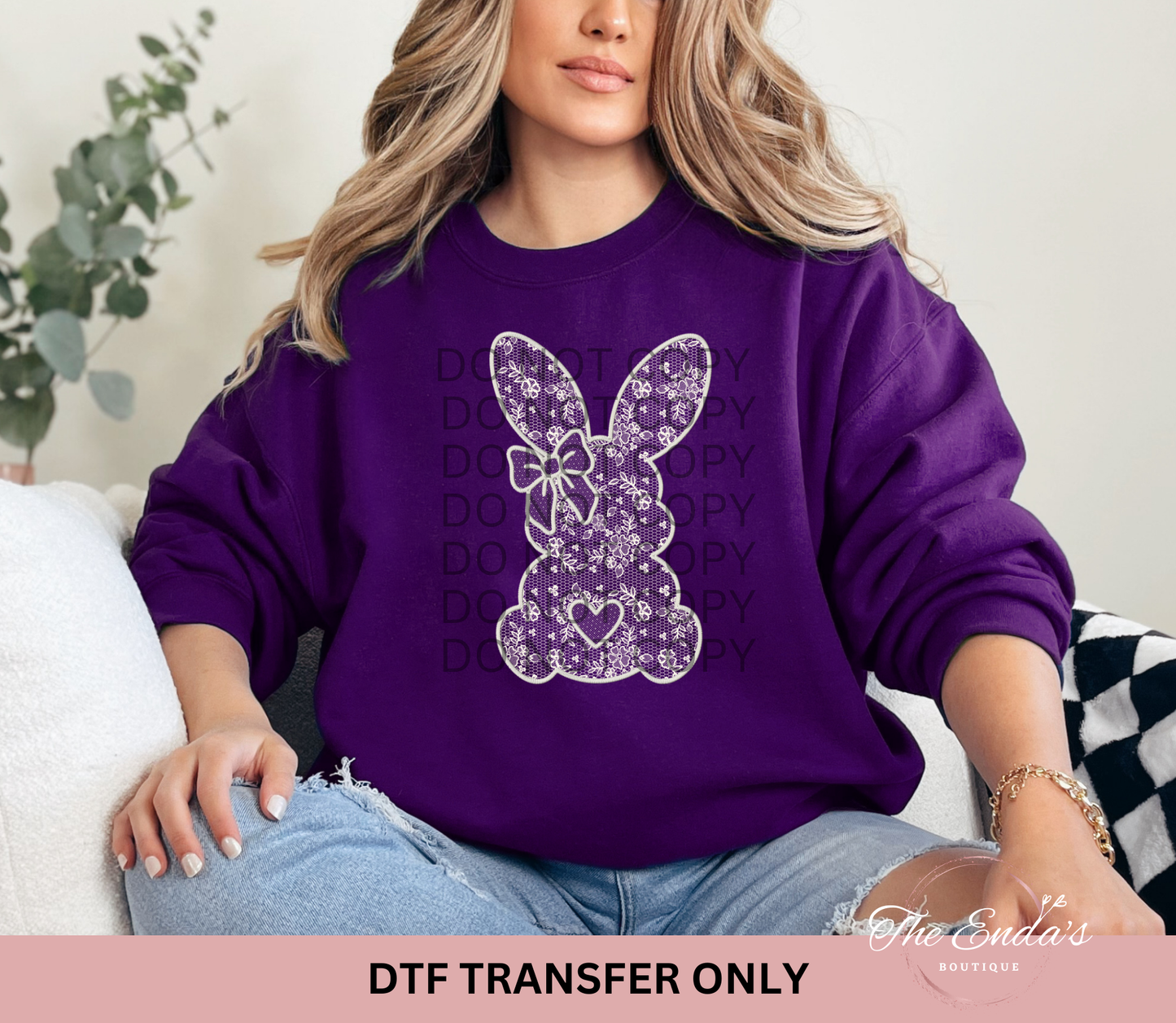 Bunny Faux Embroidery White Lace DTF Transfer