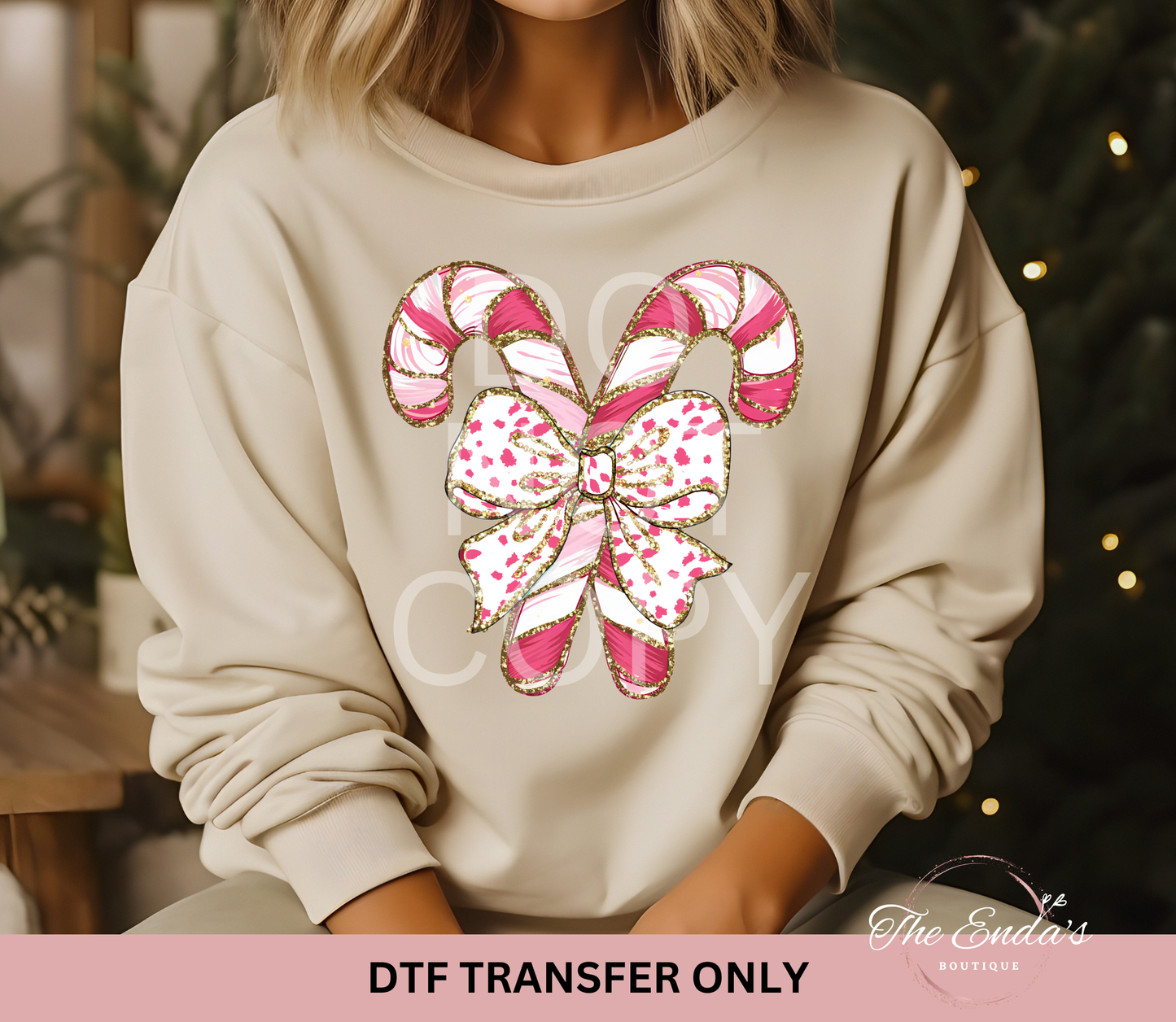 Glitter Candy Cane Bow DTF Transfer