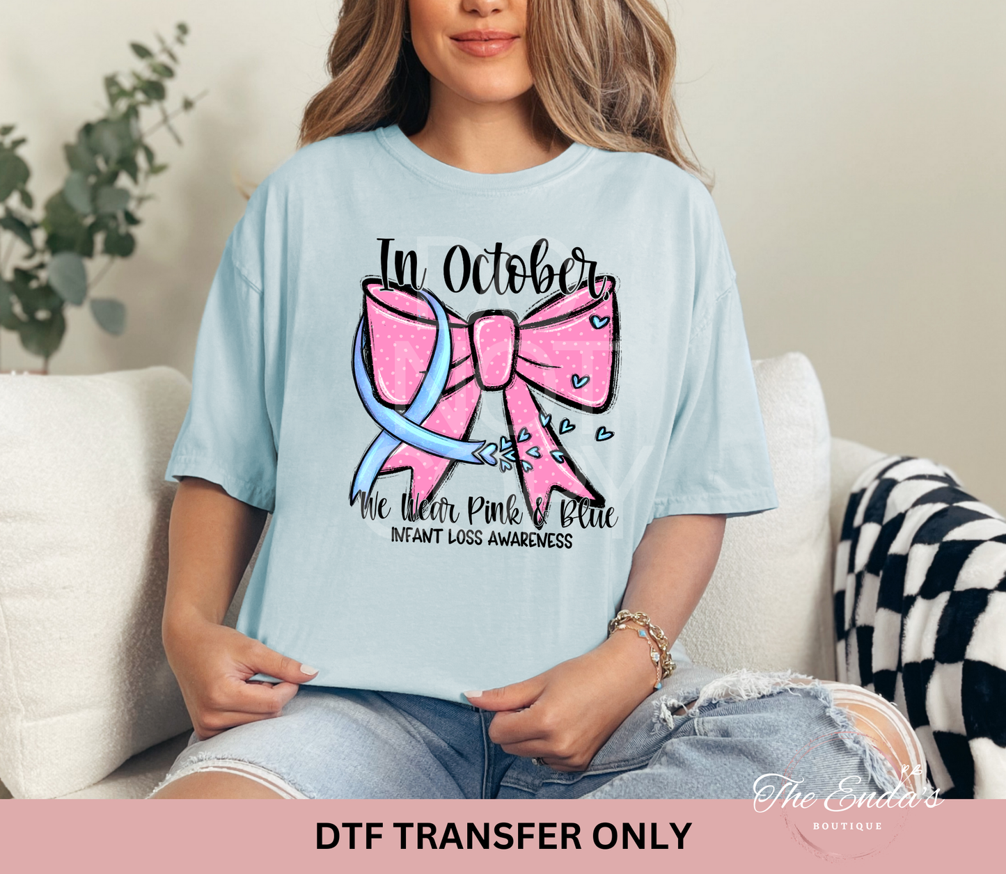 In October We Wear Pink & Blue Infant Loss Awareness Bow DTF Transfer