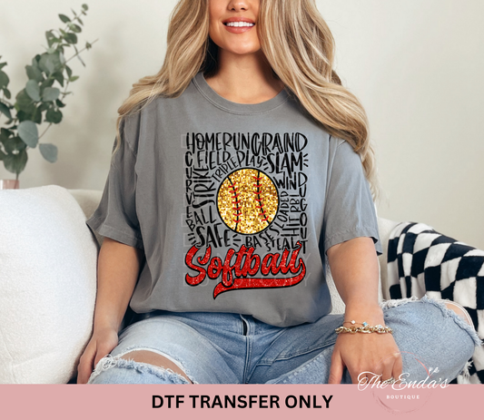 Faux Glitter Softball Words DTF Transfer