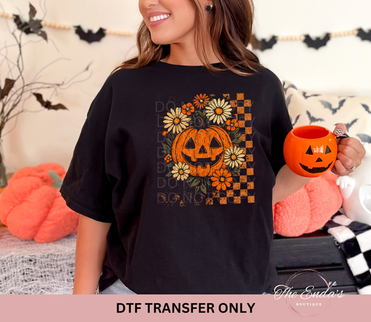 Distressed Checkered Floral Pumpkin DTF Transfer