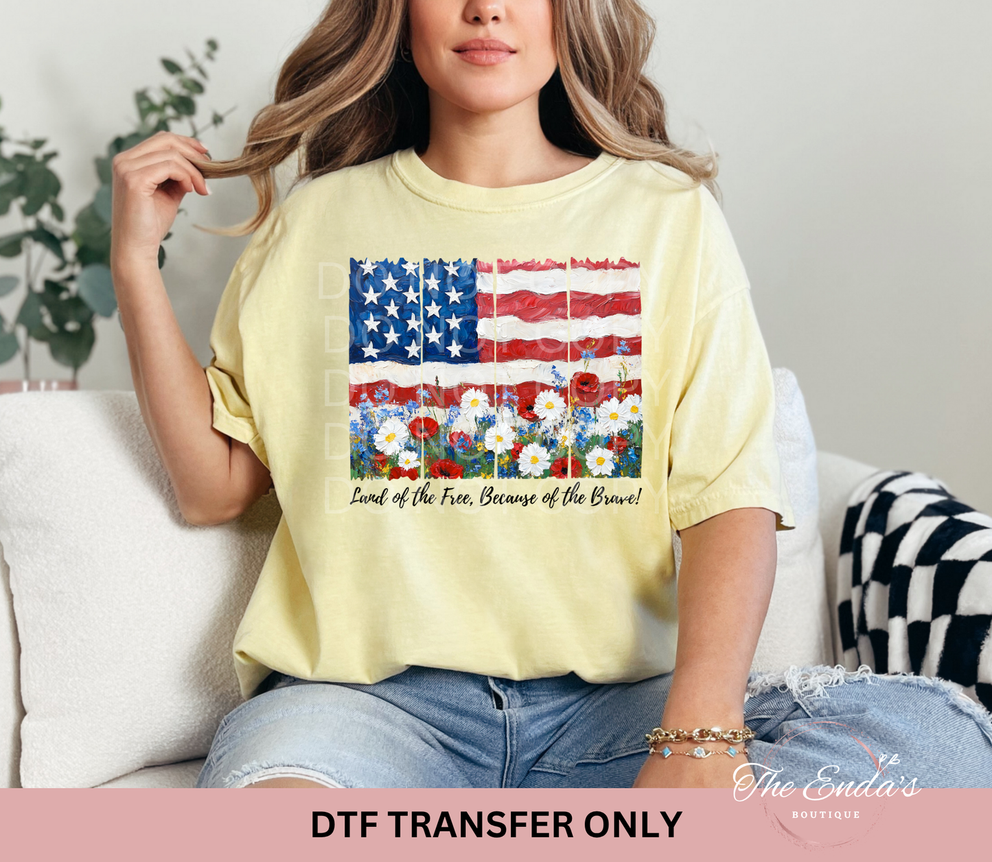 Land Of The Free Flag w/ Flowers DTF Transfer