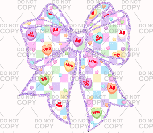 Faux Glitter Pastel Checkered Candy Heart Bow DTF Transfer